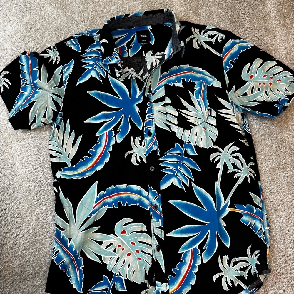 Vans Men's Black and Blue Tropical Print Shirt